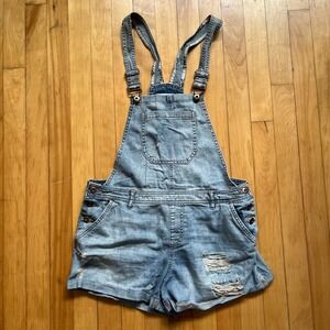 Forever 21 Distressed Denim Blue Jean Shortalls Overalls Womens Size 31